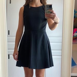 Ann Taylor LOFT Solid Black Faux Leather Trim Fit and Flare Dress Size 4 Pockets